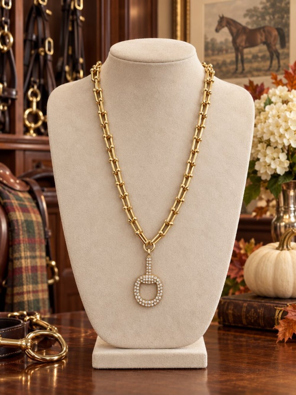 Gold Stirrup Necklace, Pave Equestrian Pendant Necklace, Statement Gold Chain